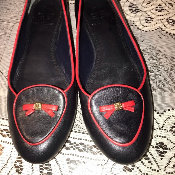 TORY BURCH NAVY/RED BOW FLATS-WORN 3X’s SZ 8 - Picture 2 of 8